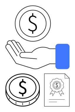 El ele tutuşan bozuk paralar, yüzen paralar, mühürlü mali sertifika. Finans, yatırım, tasarruf, sermaye, işlemler için ideal, ekonomik büyüme soyut çizgisi düz metafor