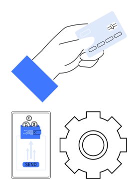 Kredi kartı, gönderme düğmesiyle ödeme arayüzü ve otomasyon için vites simgesi. Fintech, e-ticaret, ödemeler, otomasyon, bankacılık sistemleri, teknoloji UIUX soyut hattı için ideal