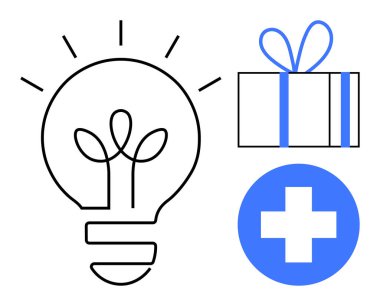 Bitki lahanalı ampul, kurdeleli mavi hediye kutusu, mavi tıbbi haç. Yenilik için ideal, sağlık hizmeti, hediyeler, sürdürülebilirlik, yaratıcılık için hayırseverlik enerjisi. Satır metaforu