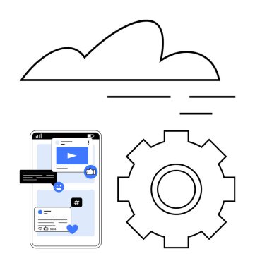 Video, başparmak işareti, yorum ve meta veri etiketleri ile akıllı telefon arayüzü, ayarları veya süreçleri sembolize eden vites, çevrimiçi servisler için bulut simgesi. Uygulamalar, sosyal medya, bulut hesaplama için ideal