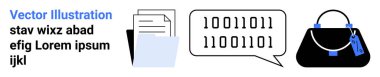 Belgeler istiflenmiş, ikili kodlu bir konuşma balonu ve etiketli bir el çantası. İletişim, kodlama, veri alışverişi, güvenlik, e-ticaret yaşam tarzı modern teknoloji için idealdir. Düz iniş sayfası
