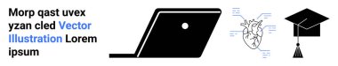 Laptop dijital öğrenmeyi simgeler, anatomik kalp bilgi derinliğini simgeler ve mezuniyet şapkası akademik başarıyı simgeler. Eğitim, e-öğrenim, sağlık, yaratıcılık, bilim ve başarı için ideal