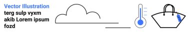 Minimalist bulut, termometre, sıcaklık ve torba ana hatları. Hava tahmini, seyahat, paketleme tavsiyesi, iklim, eko-bilinç, sıcaklık düz iniş sayfası pankartı için ideal
