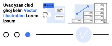 İkili kod ve mikrofonlu iletişim balonu sunucu büyüyen oklarla dolu sunucular, mavi ve siyah metinler, yatay çizgi göstergeleriyle işaretlenmiş kontrol noktaları. Veri analizi ve teknoloji için ideal