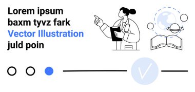 Tıbbi uzmanlar bir pano gösterip tutuyor. Bilimsel elementler gezegeni ve kitabı yakınlarda tutuyor. Sağlık, eğitim, bilim iletişimi, sunum ve öğrenim kaynakları için ideal