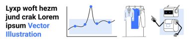 Metin bloğu, veri noktaları olan satır grafiği, askıdaki giysiler ve işaret eden bir robot. Teknoloji, moda, veri analizi, yapay zeka araştırmaları e-ticaret pazarlama ve otomasyon temaları için idealdir. İniş