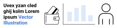 Cüzdan tutma kartları, bar grafiği ve yer tutucu metnin yanındaki kullanıcı profili simgesi. Mali planlama, bütçe, kullanıcı profili, istatistik, kişisel finans, veri analizi ve pazarlama için ideal