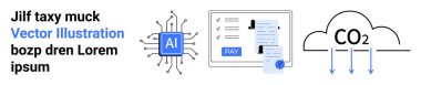 Yapay zeka çipi, fatura detaylarıyla online ödeme formu arayüzü ve CO2 emisyonlarını gösteren bulut. Teknoloji temaları, çevrimiçi çalışma, dijital finans, çevre, sürdürülebilirlik ve eğitim için ideal