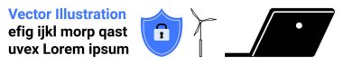 Kilitli kalkanlar, rüzgar türbini ve siber güvenliği, yenilenebilir enerji ve teknolojiyi vurgulayan dizüstü bilgisayarlar. Yenilik için ideal, veri koruması, temiz enerji, sürdürülebilirlik çevrimiçi güvenlik teknolojisi