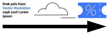 Bulut, yüzde işareti olan mavi indirimli bilet ve sağ tarafı gösteren koyu siyah ok. Tasarruf, e-ticaret, bulut kullanımı, ilerleme, dijital trend yenilik geleceği için idealdir. Soyut satır düzlüğü