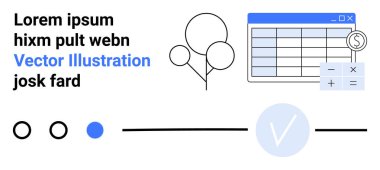 Tablo penceresi, para birimi sembolü, kontrol işareti ve dairesel ilerleme göstergelerine sahip metin ve grafik ögeleri. İş analizleri için ideal, finans yönetimi, veri görselleştirme, ilerleme izleme