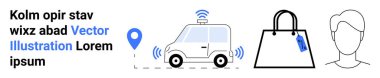 Kablosuz sinyalli akıllı araba, konum işaretleyicisi etiketli alışveriş çantası ve minimal kullanıcı profili simgesi. Lojistik, perakende, e-ticaret, navigasyon, kimlik teknolojisi ve düz iniş için ideal