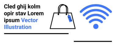 Üzerinde mavi kablosuz sembol bulunan görünür fiyat etiketi olan alışveriş torbası. Perakende, e-ticaret, çevrimiçi alışveriş, bağlantı, dijital ödemeler, akıllı alışveriş, düz iniş sayfası afişi için ideal