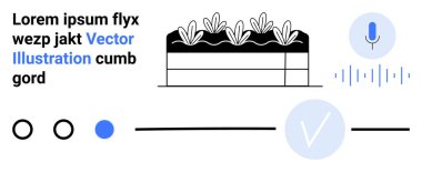 Metin tutucu ile dijital arayüz, bahçe yatağında bir sıra bitki, ses tanıma simgesi dalga formları ve dairesel tasarım elemanları. Teknoloji, iletişim, tasarım, dijital sanat için ideal