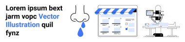 Web sitesi arayüz düzeni, vitrin güneşliği, masada ameliyat yapan bir robot, ve sıvı damlalı bir burun. Tıbbi teknoloji, web tasarımı, sağlık çözümleri ve teknoloji için ideal