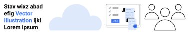 Bulut simgesi, ödeme düğmeli belge ekranı ve güvenli dosya paylaşımını temsil eden kullanıcı avatarları, çevrimiçi işlemler, dijital işbirliği, takım yönetimi. Fintech, teknoloji ve takım çalışması için ideal