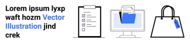 Pano kontrol listesi, dosya klasörlü bilgisayar ve etiketli alışveriş çantası. Üretkenlik, e-ticaret, planlama, organizasyon, dijital iş akışı, dokümantasyon düz iniş sayfası afişi için ideal