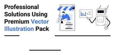 Ekranda veri sunan robot, mağaza önü tasarımlı akıllı telefon ve içerideki bir işçi yenilik, e-ticaret, veri analizi, teknoloji, pazarlama, eğitim ve tasarımı temsil ediyor. İdeal