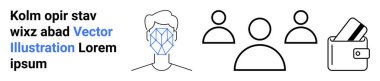 Yüz tanıma teknolojisi insan yüzünü kaplıyor. Minimalist kullanıcı grubu simgeleri, kartlı cüzdan. Teknoloji, yapay zeka, güvenlik, kullanıcı yönetimi, yüz tanımlama dijital cüzdanları için ideal. İniş sayfası