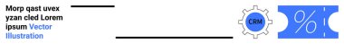 CRM metin ve mavi yüzde sembollü vites, müşteri ilişkileri yönetimi, verimlilik, verimlilik ve satış indirimini vurguluyor. Pazarlama, strateji, optimizasyon, büyüme ve teknoloji için ideal
