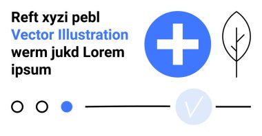 Karışık yazı tipli metin ögeleri, mavi haç, bir yaprak çizgisi, daireler, çizgiler ve bir işaret simgesi. Sağlık ve doğa teknolojisi için ideal tasarım eğitimi soyut sunumlar. İniş sayfası