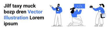 Ekip fikirleri tartışıyor, ekranda kodluyor ve çözümleri gözden geçiriyor. Takım çalışması, işbirliği, yaratıcılık, teknoloji, verimlilik, problem çözen düz iniş sayfası afişi için ideal