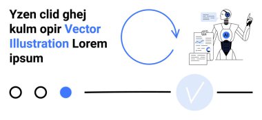 Analitik verileri belgelerle, mavi oklarla, dairelerle ve metinlerle sunan yapay zeka robotu. Yapay zeka, veri analizi, bilgi grafikleri, fütüristik teknoloji eğitimi tasarımı için ideal. İniş sayfası