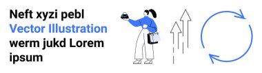 Yukarı doğru ok ve dairesel akışla temsil edilen büyüme eğilimlerini incelerken bir objeyi tutan kadın. İş stratejisi, ilerleme, iş akışı, veri analizi, yenilik, takım çalışması, daire