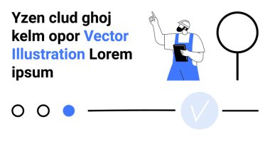 Tulumlu işçi elinde tablet tutarken yukarı bakıyor. Elementler arasında bir büyüteç, kontrol işareti, daireler, çizgiler ve metin yer alıyor. Eğitim, eğitim, UIUX veri analiz kavramı için ideal