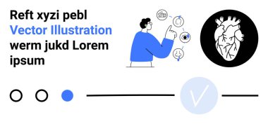 İnsan geleceksel arayüzle, tıbbi ikonlarla ve kalp diyagramıyla etkileşime giriyor. Metin ve soyut elementler dahil. Sağlık, teknoloji, yenilik, tıbbi araştırma ve veri sunumu için ideal