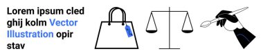Etiketli alışveriş torbası, adalet terazisi ve el boyası fırçası ticarette, hukukta ve yaratıcılıkta çeşitlilik olduğunu gösteriyor. İş, sanat, ahlak, piyasa dengesi için ideal