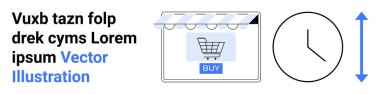 Alışveriş arabası simgesi ekranda, tentenin altında çevrimiçi ticareti simgeliyor, saat zaman yönetimini gösteriyor, ölçeklenebilirlik için yukarı-aşağı ok. E-ticaret, dijital satış ve pazarlama için ideal