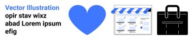 Mavi kalp, mağaza simgesi, evrak çantası ve Lorem Ipsum 'un basit bir tasarım metni. İş temaları, çevrimiçi mağazalar, aşk kavramları, profesyonel kullanım, perakende temaları pazarlama malzemeleri için ideal