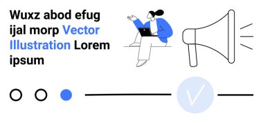 Dizüstü bilgisayarda çalışan, kolunu uzatan ve büyük bir megafon sembolü olan bir kadın. Dijital pazarlama, çevrimiçi iletişim, sosyal medya stratejisi, reklamcılık, teknoloji, iş tanıtımı için ideal