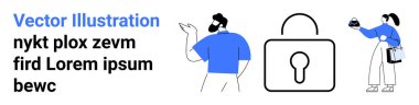 Düşünceli hareket eden bir adam, gezici ekranı inceleyen bir kadın ve güvenlik temasını güçlendiren büyük bir kilit. Teknoloji, mahremiyet, güvenlik eğitimi, dijital dönüşüm için ideal