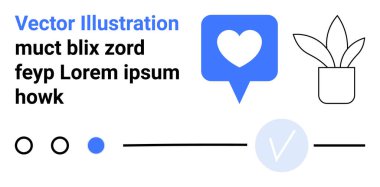 Kalp ikonlu mavi sohbet balonu, siyah metin blokları, saksı bitkisi grafikleri, kontrol işaretleri ve seçim çemberleri. Sosyal medya, kullanıcı etkileşimi, mesajlaşma, bildirimler için ideal dijital pazarlama uygulaması