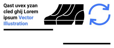 Mavi dairesel okun yanındaki siyah ayakkabı silueti geri dönüşüm ya da yeniden kullanım sürecini temsil ediyor. Sürdürülebilirlik, eko-moda, geri dönüşüm, yeniden kullanım, atık yönetimi, çevre dostu uygulamalar, daire