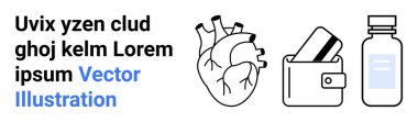 Karikatür kalp, kredi kartlı cüzdan ve mesajın yanında ilaç şişesi. Sağlık, finans, ilaç, ilaç, bankacılık sağlık hizmetleri, e-ticaret için idealdir. İniş sayfası
