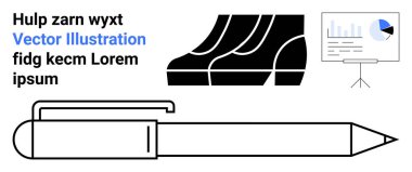 Kalem hatları, stilize metinler, minimalist ayakkabı çizimleri ve bir tripodun üzerindeki pasta grafiği sunumu. Ofis, yaratıcılık, eğitim, pazarlama teknolojisi tasarımı veya analitik için ideal. Mükemmel.