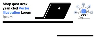 Işık göstergesiyle birlikte açık dizüstü bilgisayar devre ve ağ sembollerini gösteren yapay zeka temalı kafa ile eşleştirildi. Teknoloji, yapay zeka, yenilik, dijital iletişim, eğitim, bilgisayar ve soyut çizgi için ideal
