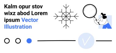Metin tutucu, kadın büyüteçle soyut öğeleri inceliyor. Araştırma, analiz, soruşturma, odaklanma, gözlem ve ayrıntıları anlamak için ideal. İniş sayfası