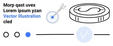 Bozuk para, oklu hedef, işaretli liste, siyah ve mavi metin elemanları. Mali planlama, hedef belirleme, görev yönetimi, proje kilometre taşları, başarı izleme süreci için ideal