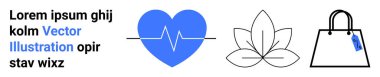 Kalp atışı çizgisi olan mavi kalp, minimalist nilüfer tasarımı, ve refahı temsil eden alışveriş çantası, rahatlama, kişisel bakım, sağlık, perakende, yaşam tarzı ve online alışveriş. Düz iniş sayfası için ideal