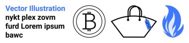 Bitcoin para sembolü, etiketli zarif el çantası ve mavi alev dijital para birimini, e-ticareti, sürdürülebilirliği, mobil ticareti, finansal teknolojiyi, yeniliği, düz iniş sayfası afişini temsil ediyor