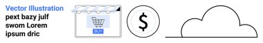 Çevrimiçi mağaza önü alışveriş arabasının düğmesi, para birimi olarak dolar madeni para ve bulut sembolü dijital finans, çevrimiçi alışveriş, bulut deposu olduğunu gösteriyor. E-ticaret, fintech, dijital ödeme ve perakende için ideal