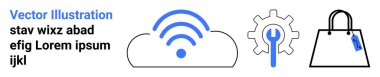 Kablosuz sinyalli bulut, anahtarlı teçhizat ve alışveriş çantası teknolojiyi, e-ticareti, yeniliği, online alışverişi, dijital çözümleri ve erişilebilirliği sembolize ediyor. Teknoloji sektörü için ideal