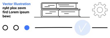 Kitap yığını, vites simgesi, mavi, yatay çizgiler ve mavi işaretli daireler. Eğitim, ayarlar, seçenek seçimi, tamamlama durumu kullanıcı arayüzü otomasyonu için ideal