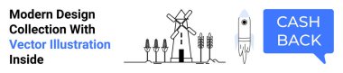 Windmill with trees and wheat, rocket, and blue Cash Back speech bubble. Ideal for technology, business, financial services, eco-friendly themes, innovation agriculture marketing. Perfect for flat clipart