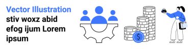 Takım işbirliği sembolü dişli, dolar işaretli bozuk paralar ve verileri analiz eden kişi. Takım çalışması, finans, strateji, teknoloji, analiz, düz iniş sayfası pankartı planlamak için ideal