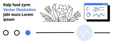 Renkli metin, çiçekli çizim, grafik ile veri analiz ekranı, daireler yükleme ve bu dengeli, modern kompozisyonda işaretleme işareti. Web tasarımı için ideal, veri görselleştirme, analitik doğa